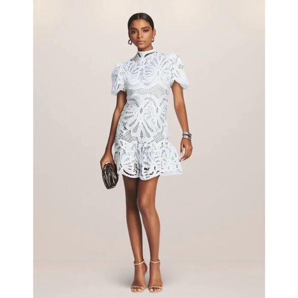 White Boho Crochet Lace Drop Waist Puff Sleeve Dress Size Large Bridal Cocktail - Picture 1 of 6